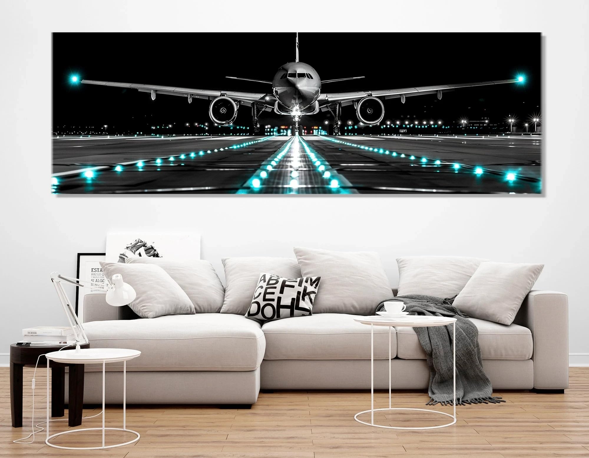 Kemeiqi Frameless Scenic Airplane Landing Canvas Print, Airplane Panorama Print, Aircraft Wall Art Pilot, Aviation Wall Art Home Decor(30X90cm/Frameless)
