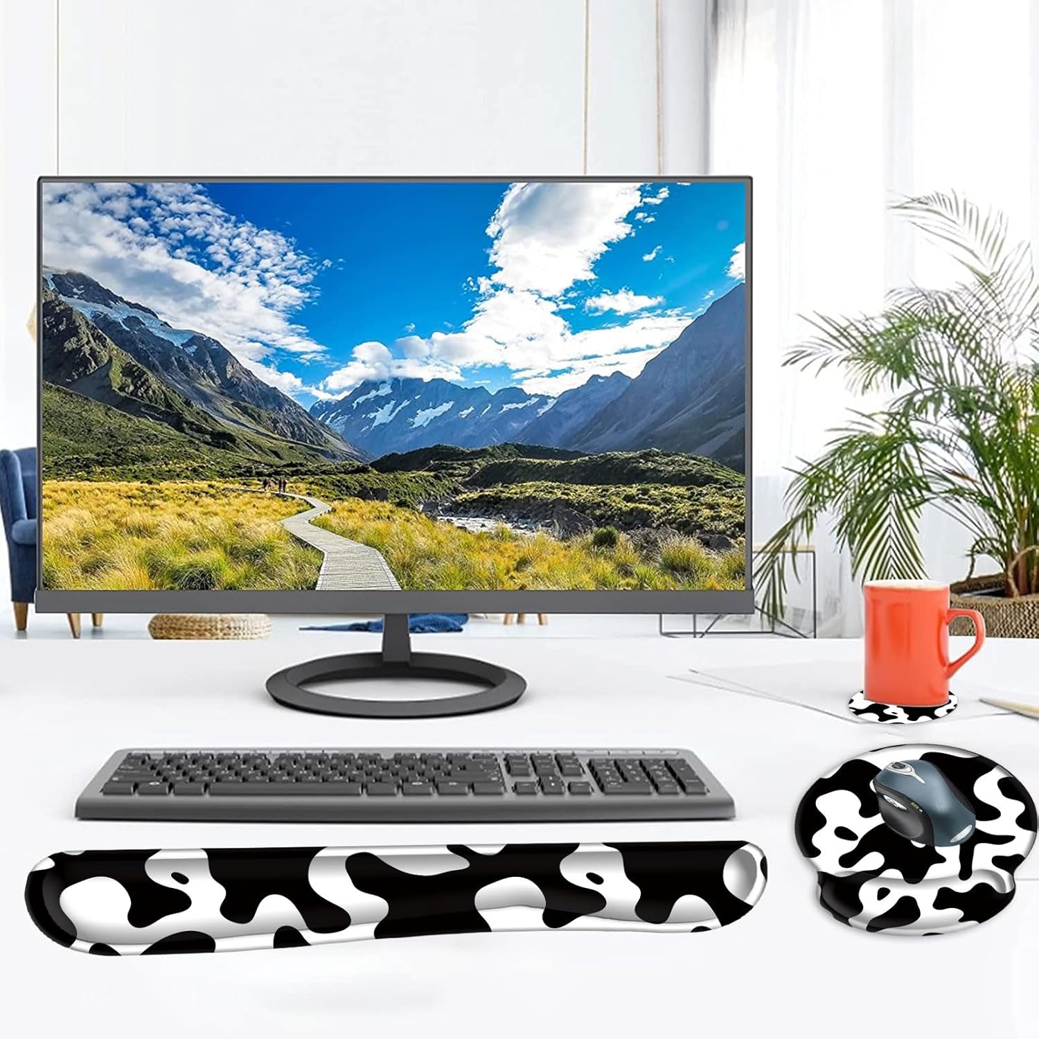 Mouse Pad Wrist Support and Keyboard Wrist Rest Pad with Coaster,Non-Slip Rubber Base Ergonomic Gaming Mousepad for Home Office Working Studying Easy Typing & Pain Relief,Cow Print