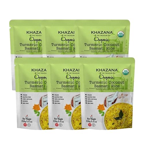 Khazana Auténtico arroz basmati de cúrcuma listo para calentar (paquete de 6, 8.8 onzas), sin OMG, vegano, sin gluten y kosher, sabroso grano