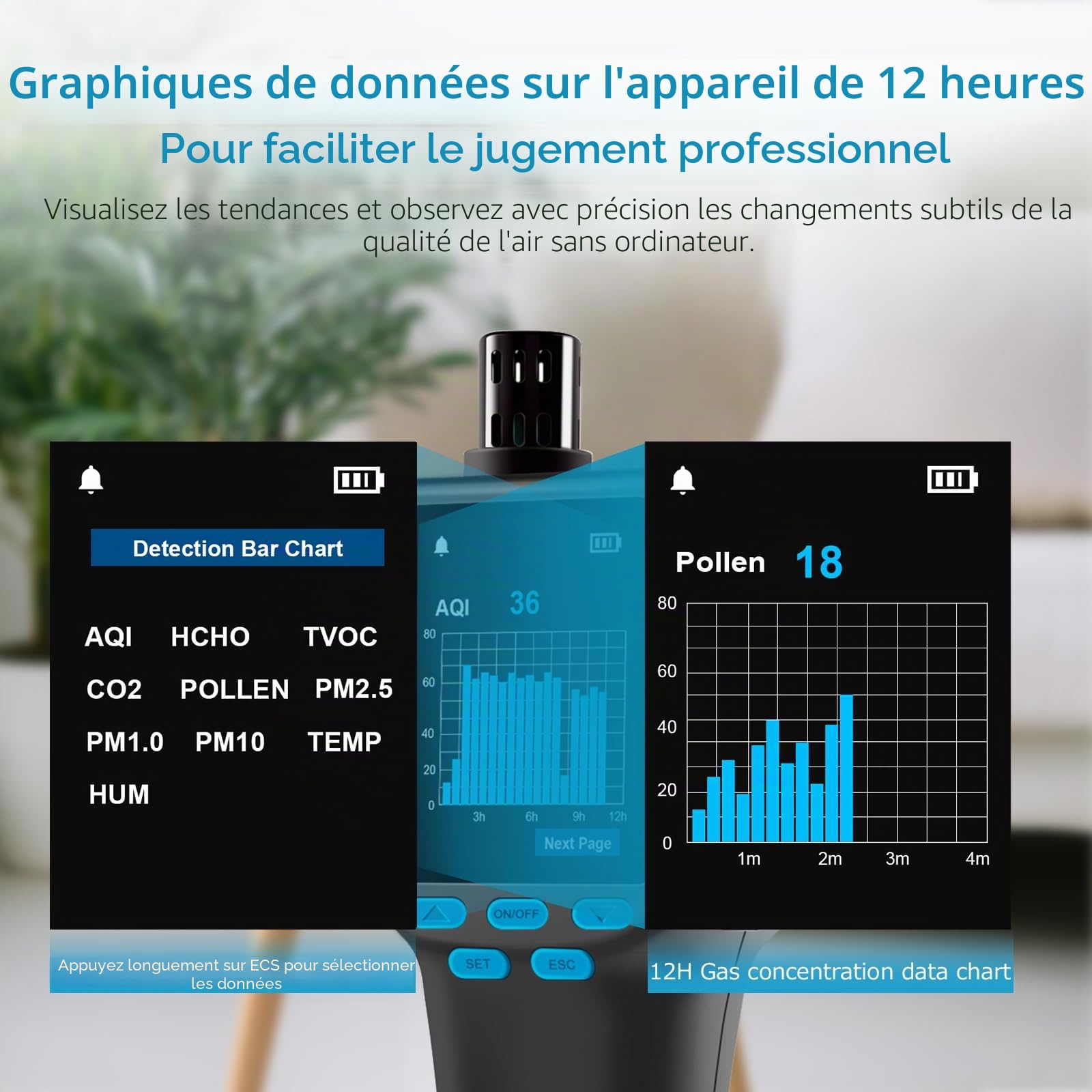 CF‑60 PP Moniteur de qualité de l'air portatif avec Graphiques de données sur l'appareil et rapports exportables, détecteur Portable 16 en 1 pour AQI, CO2, TVOC, HCHO, PM2.5/10/1.0, Pollen