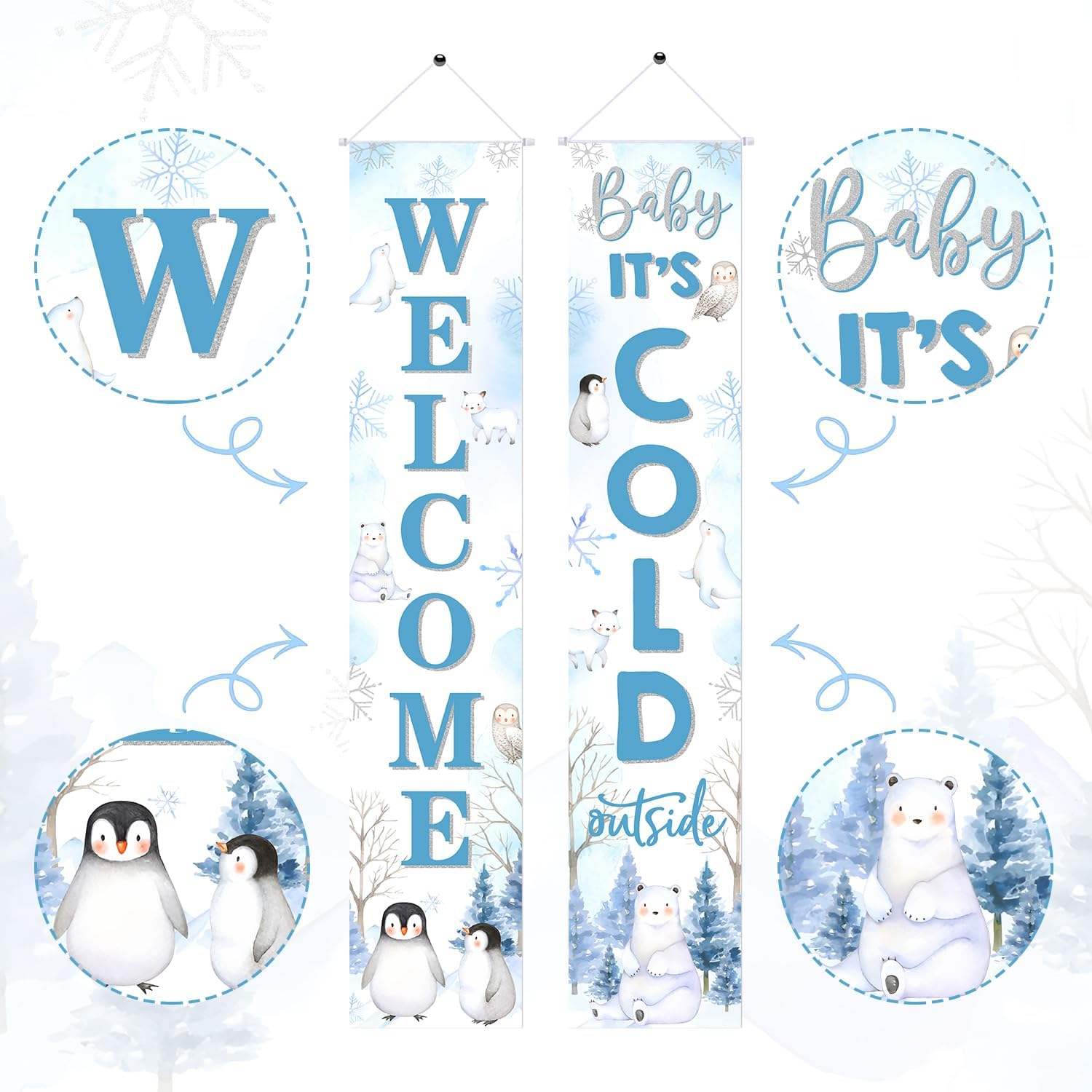 Arctic Polar Animal Baby Shower Porch Sign Welcome Baby It's Cold Outside Decorations Banner Penguins Polar Bears Seals Door Banner for Boy Girl Winter Baby Shower Birthday Party Supplies