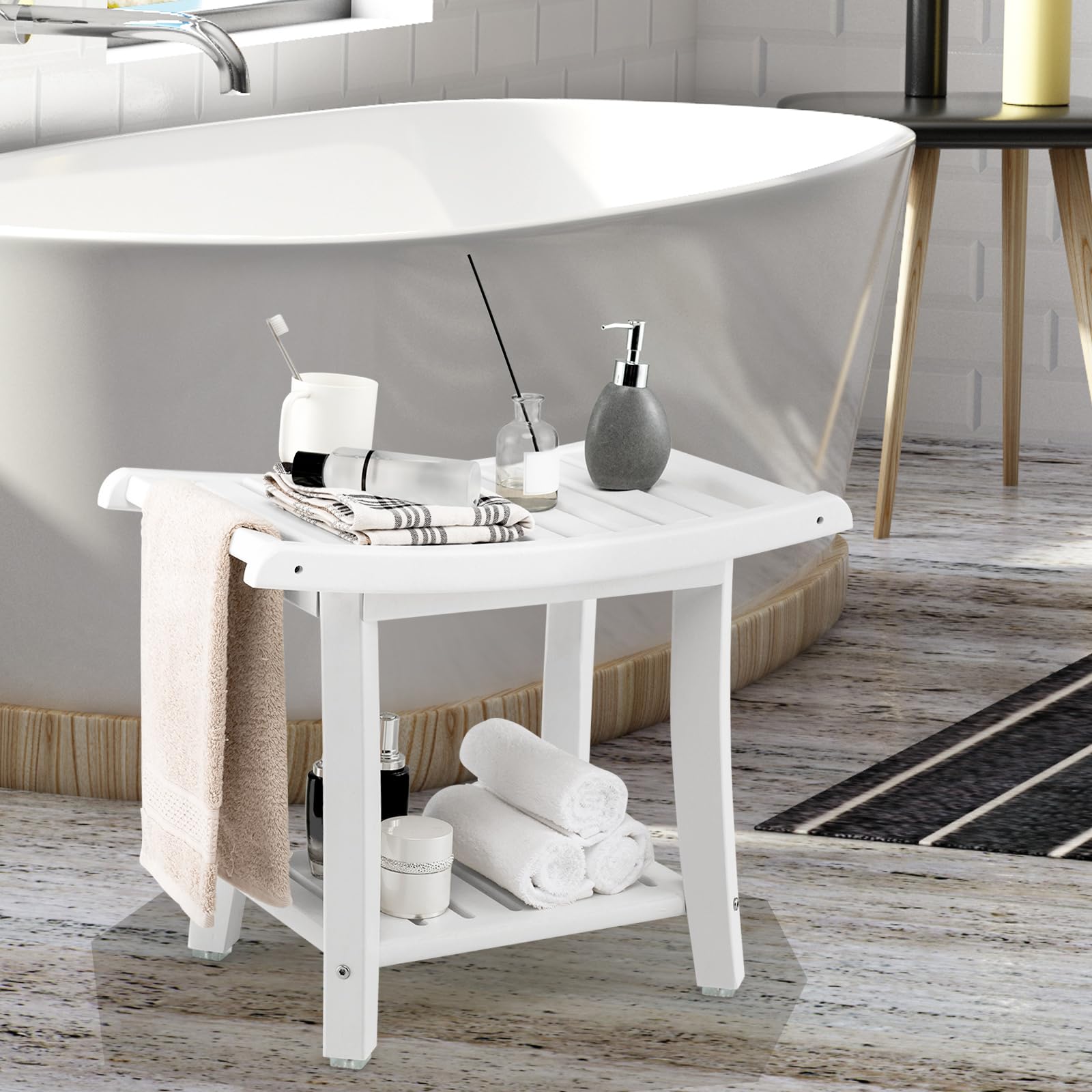 HOMASIS Taburete de Ducha, Taburete de baño de HDPE, Mueble Multiusos con reposapiés, Banco de Ducha Impermeable, Capacidad de 150 kg, 60,5 x 34 x 48 cm, Color Blanco
