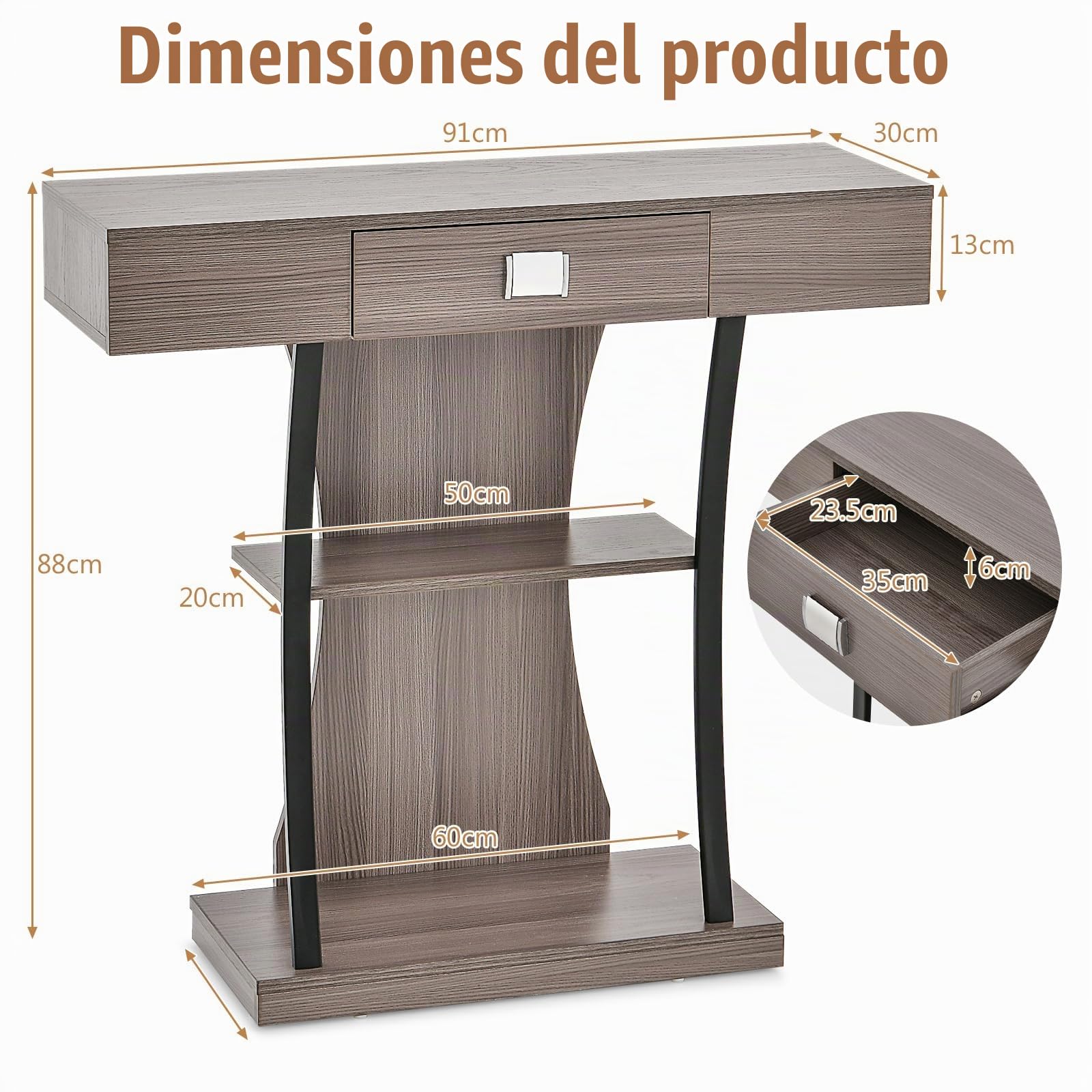 LIFEZEAL Mesa Consola de Madera con 3 Niveles (Gris)