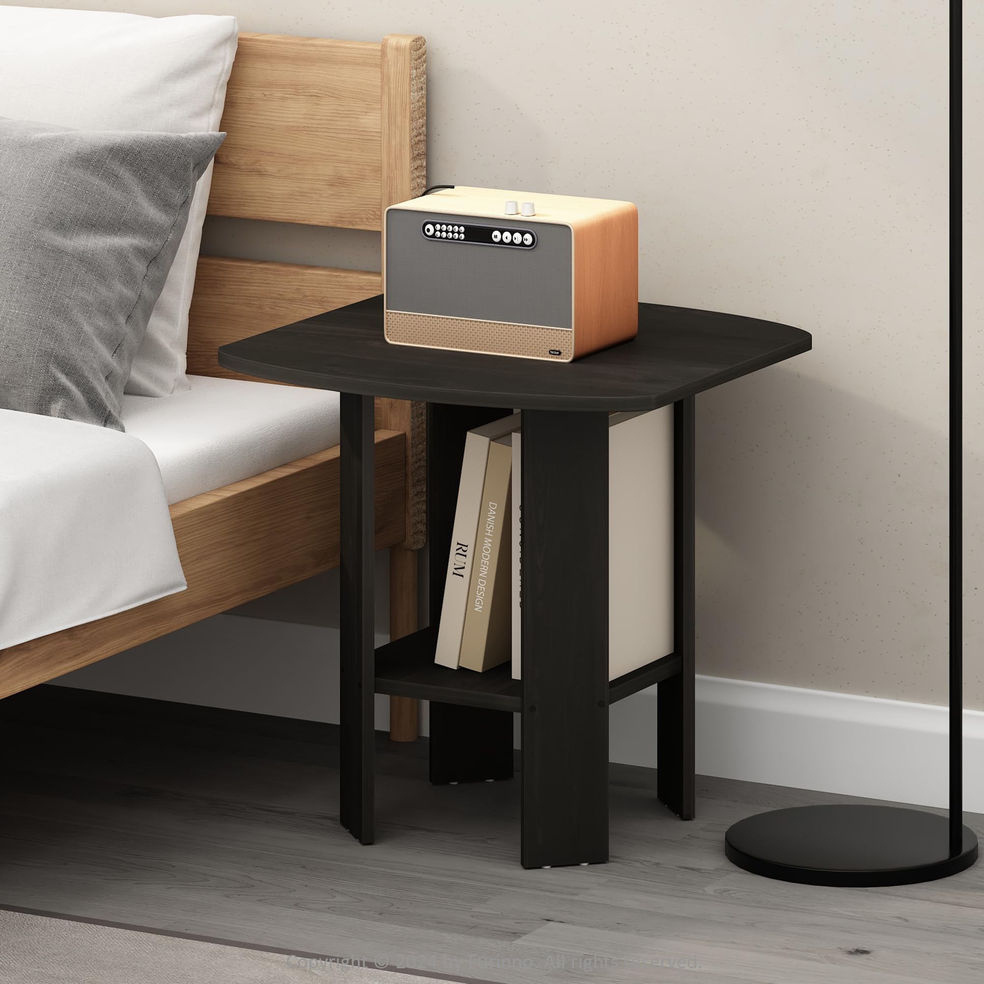 Furinno TIDUR Night Stand, Open Shelf Design Nightstand with Storage Shelf, Round Corner Bedside Table, End Table, Side Table, for Bedroom, Living Room, Espresso