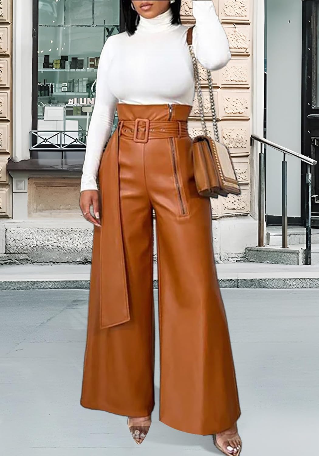 Tcremisa Leather Pants for Women High Waisted Faux Leather Straight Wide Leg Pant PU Trousers with Belt - Image 5