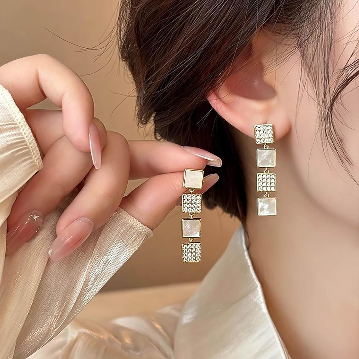 W WEILIRIAN Crystal Square Drop Earrings Long Square Dangle Earrings Boho Square Stud Earrings Geometric Asymmetrical Earrings Jewelry for Women - Image 3