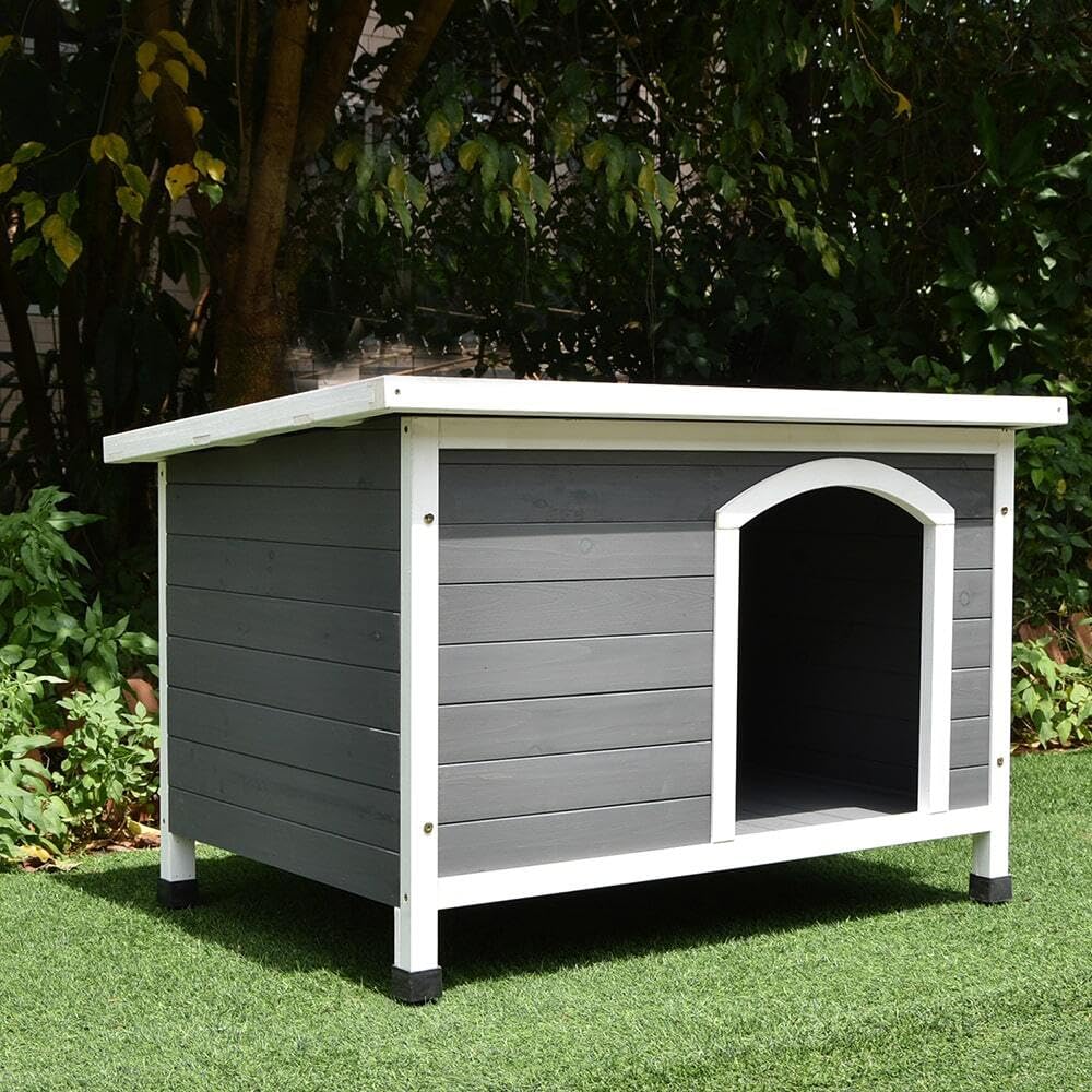 Animal Valley Niche à Chien Toit Plat, Taille L, Gris/Blanc | Bois et plastique, 116 x 82 x 79 cm, pour chiens moyens et grands