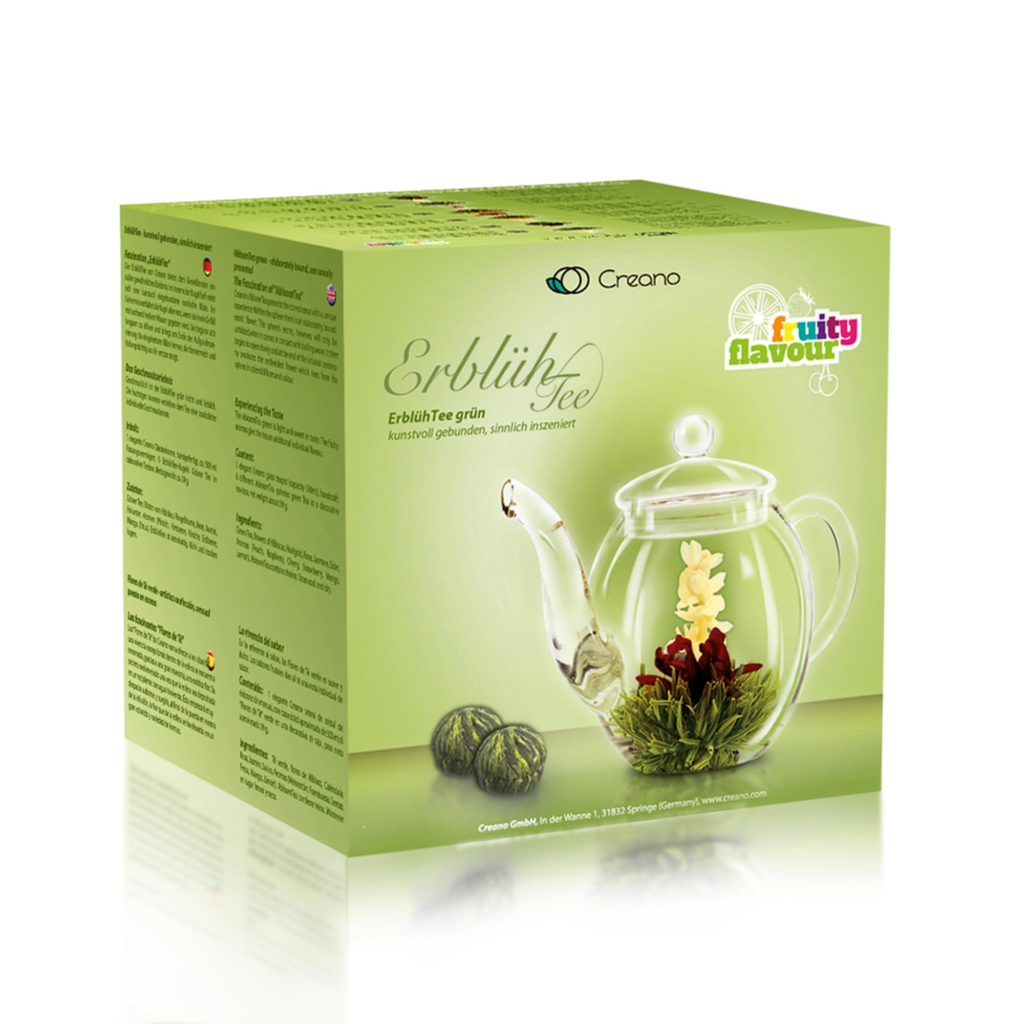 Creano „Fleurs de Thé“ Verts 6 pcs Boîte Cœur – Théière en Verre 500ml sans goutte – 6 variétés de thé vert – Cadeau romantique