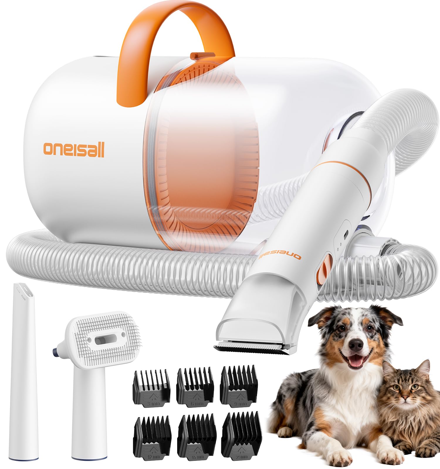 oneisall Aspiradora de aseo para perros – Succión de 15000 Pa, captura el 99% del pelo de mascotas para reducir el desprendimiento, cortaúñas para perros y cepillo silencioso (≤59 dB) con 4 accesorios