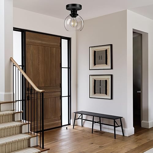 Miniatura 2 de Industrial Semi Flush Mount Ceiling Light, 5.91 Inch Clear Glass Ceiling Lamp Shade, Matte Black Closet Lights, Garage Ceiling Light Fixture for