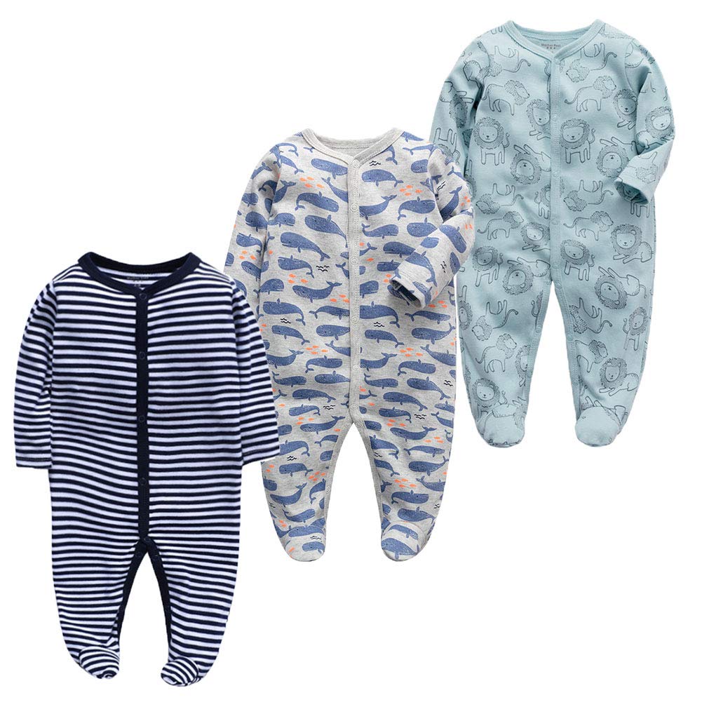 Monvecle Baby Boys 3pcs Pack Cotton Footie Bodysuit Footed Sleeper Pajama Romper Gift Set 3ps Stripe 12M