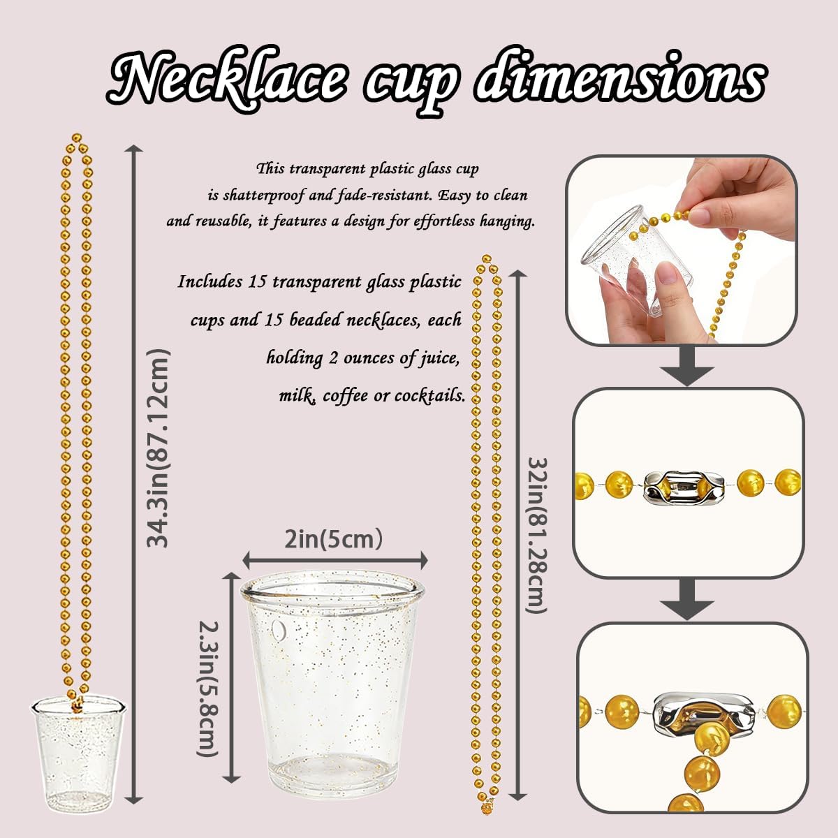 Shot Glass Necklaces for Bachelorette Party,15 Pcs,2 oz