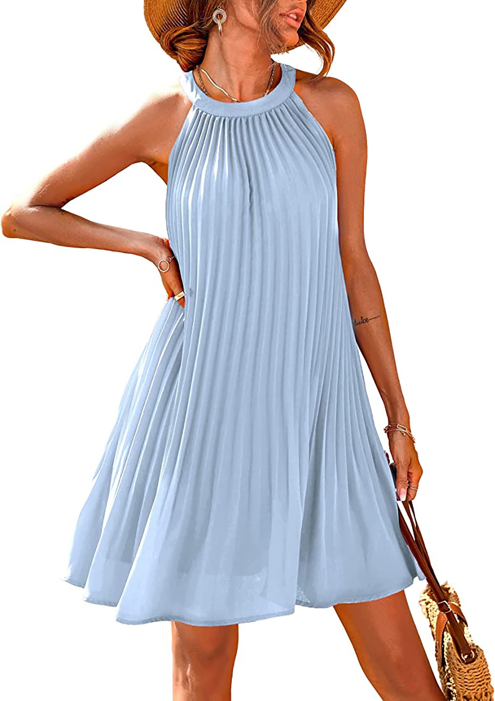 PRETTYGARDEN Women's Cute Halter Neck Sleeveless Mini Dress Solid Color Flowy Pleated Beach Dress Sundress