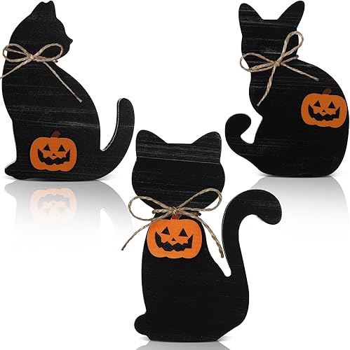 Redbaker 3 piezas de decoraciones de Halloween para interiores, vintage, decoración de mesa de gato negro, retro, gato negro, letrero de bloque de