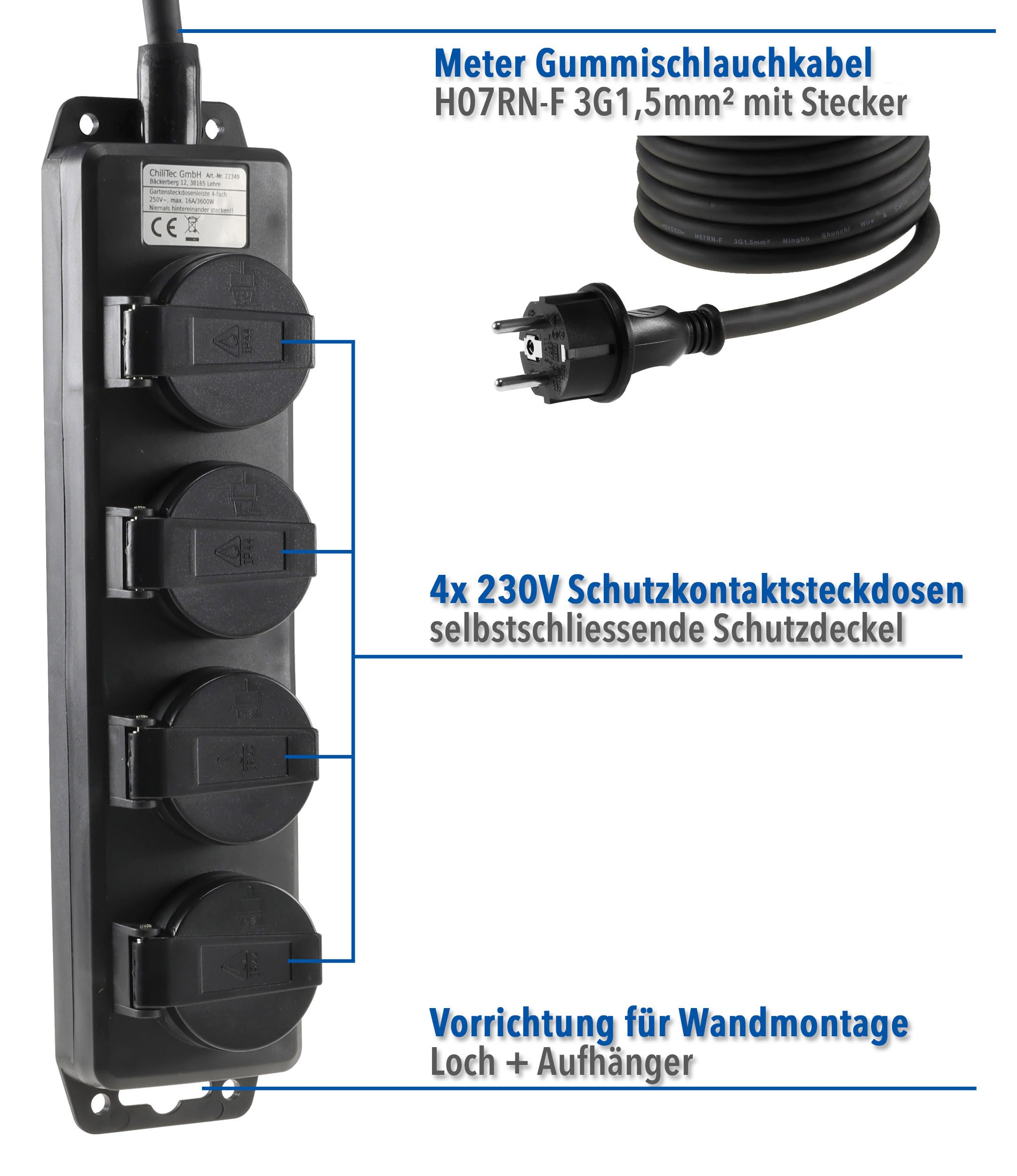 ChiliTec Listwa zasilająca z 4 gniazdami zewnętrznymi, z 4 gniazdami ze stykiem ochronnym, klapka, kabel 10 m, IP44, do użytku wewnątrz i na zewnątrz, 230 V, 16 A, czarna