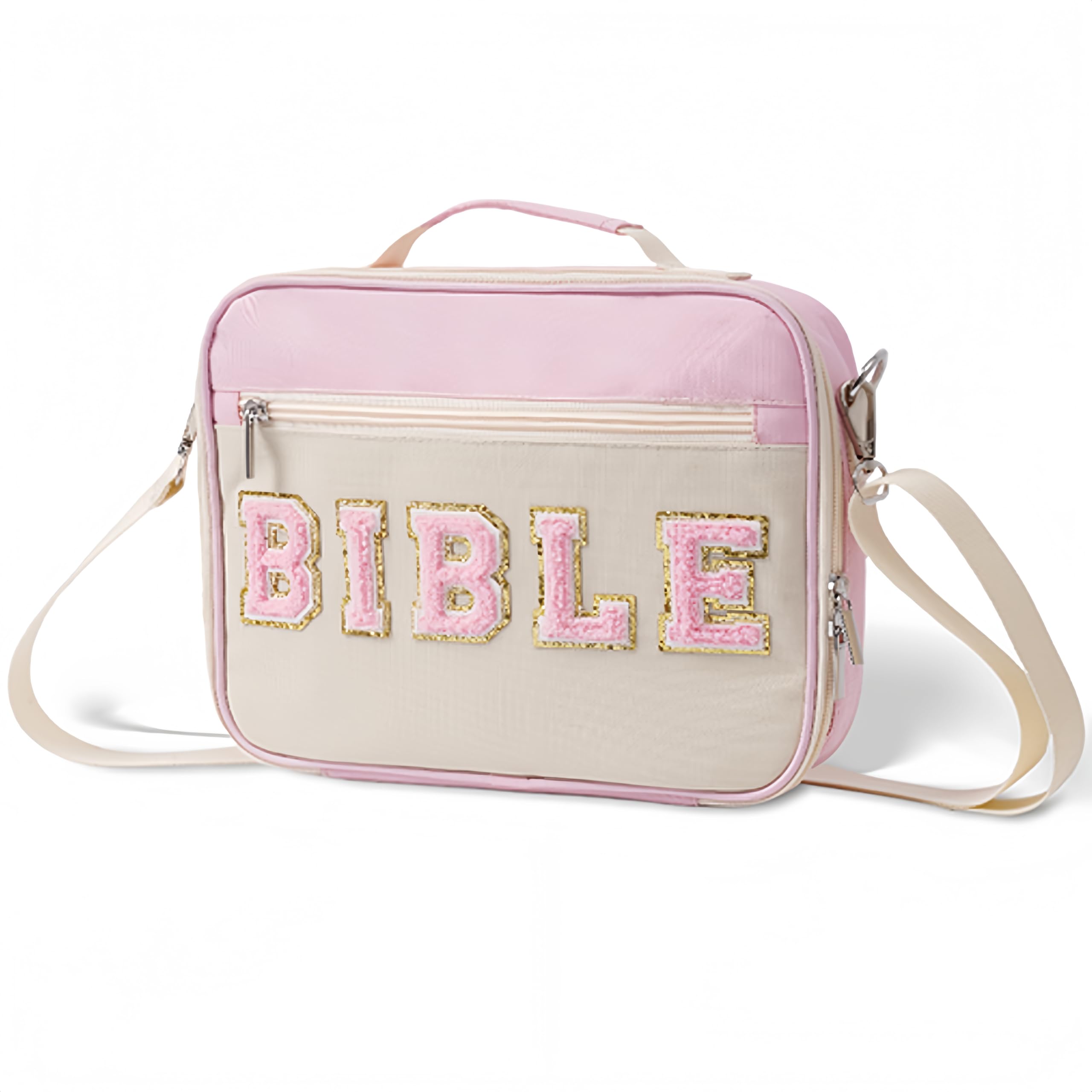 Bible Cover Case for Women & Girls - Large Chenille Letter Leather Bible Case with Study Accessories, Journaling Kit, Christian Gift for Christmas (Pink)