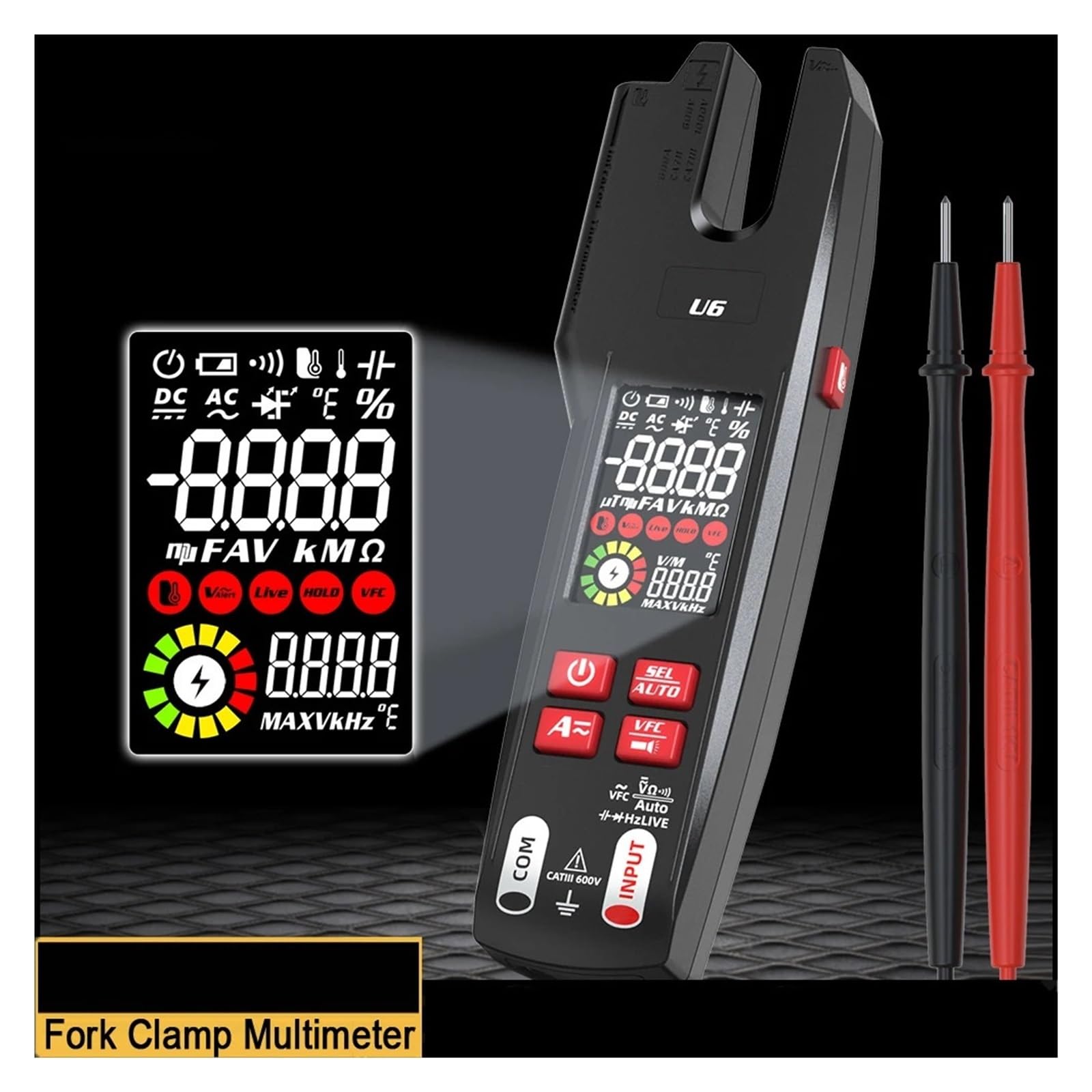 Cyfrowy Miernik Cęgowy Widelec DC/AC 600A Profesjonalne Szczypce Amperomierze T-RMS Prąd OpenJaw Tester Elektryczny Auto Multimetr Szybko Dokładnie Łatwy Odczyt(U6-USB Charging)