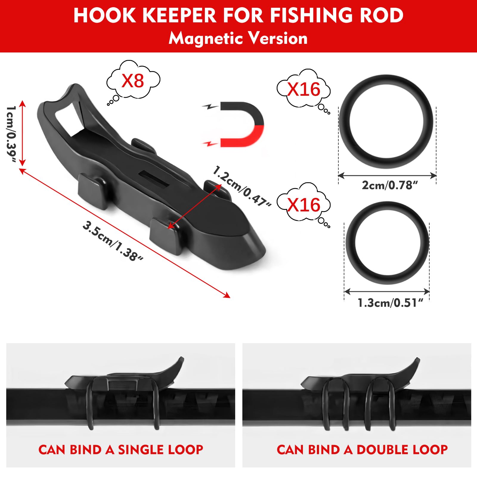 Hook Keeper for Fishing Rod, [8Pcs] Magnetic Fishing Hook Keeper, HK2F Fishing Bait Holder with 2 Sizes Rubber Rings, Fishing Hook Holder Quick Installation, Lure Magnetic Hook Keeper