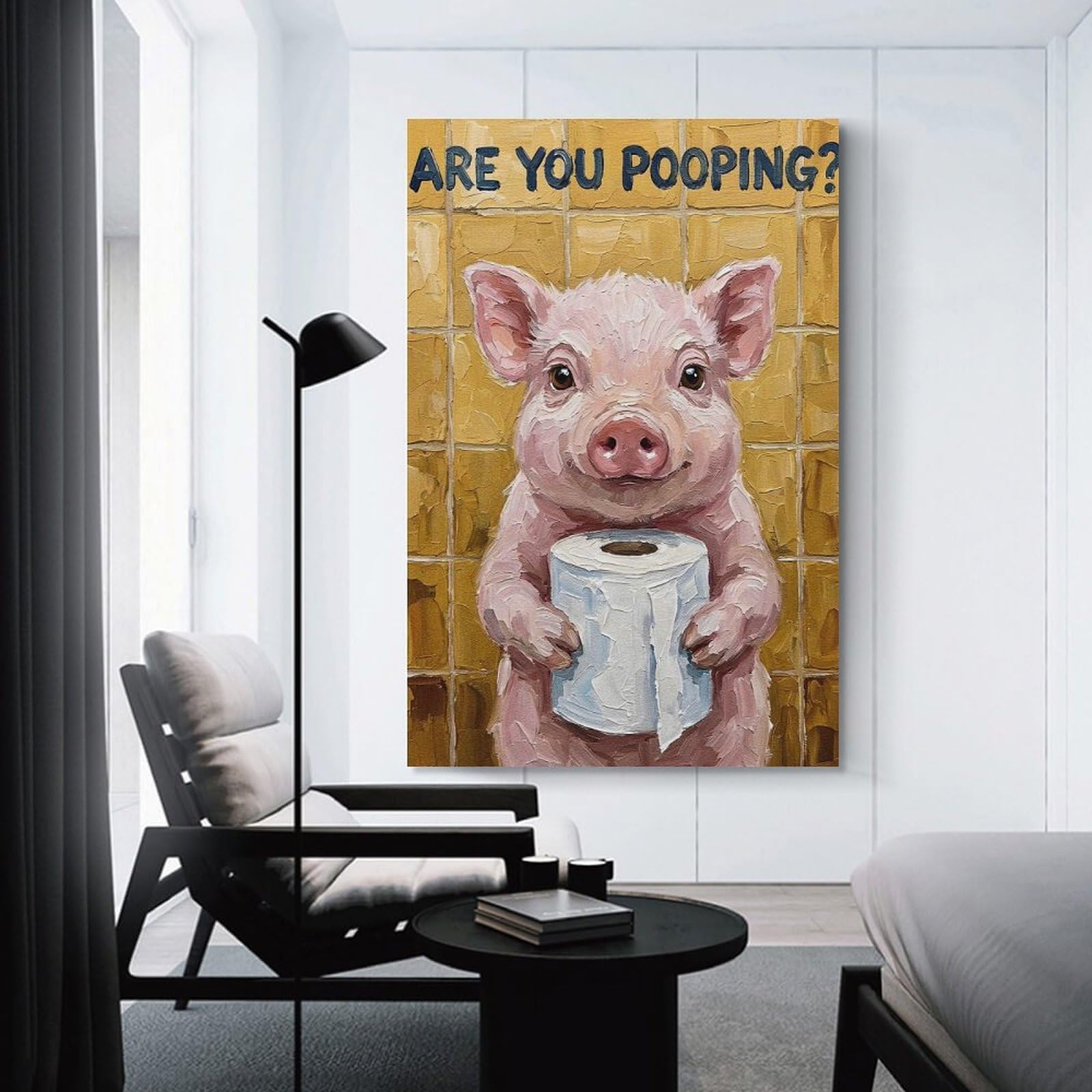 Junmoney Unframe-Style-18 Canvas Wall Decor Pig With Toilet Paper Painting, 12X18inch(30X45cm), For Home Lounge, Bedroom Or Reading Nook, Eye Catching Artwork For Blank Walls