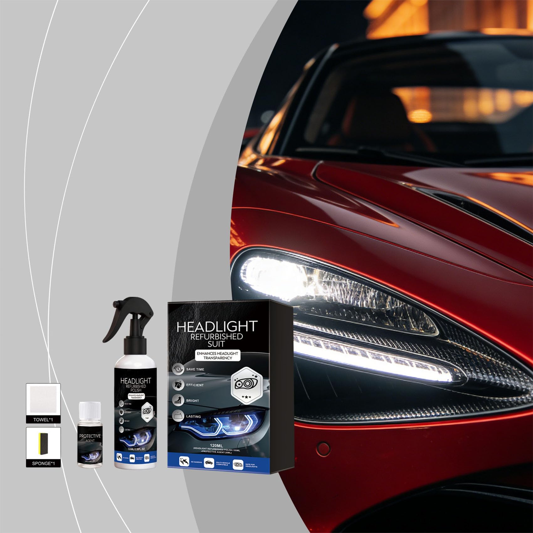 Headlight Refurbished Suit, Car Headlight Cleaner for Foggy Yellowed Lenses, Helps Improve Lens Clarity for Cars, Trucks, Motorcycles (1pcs)