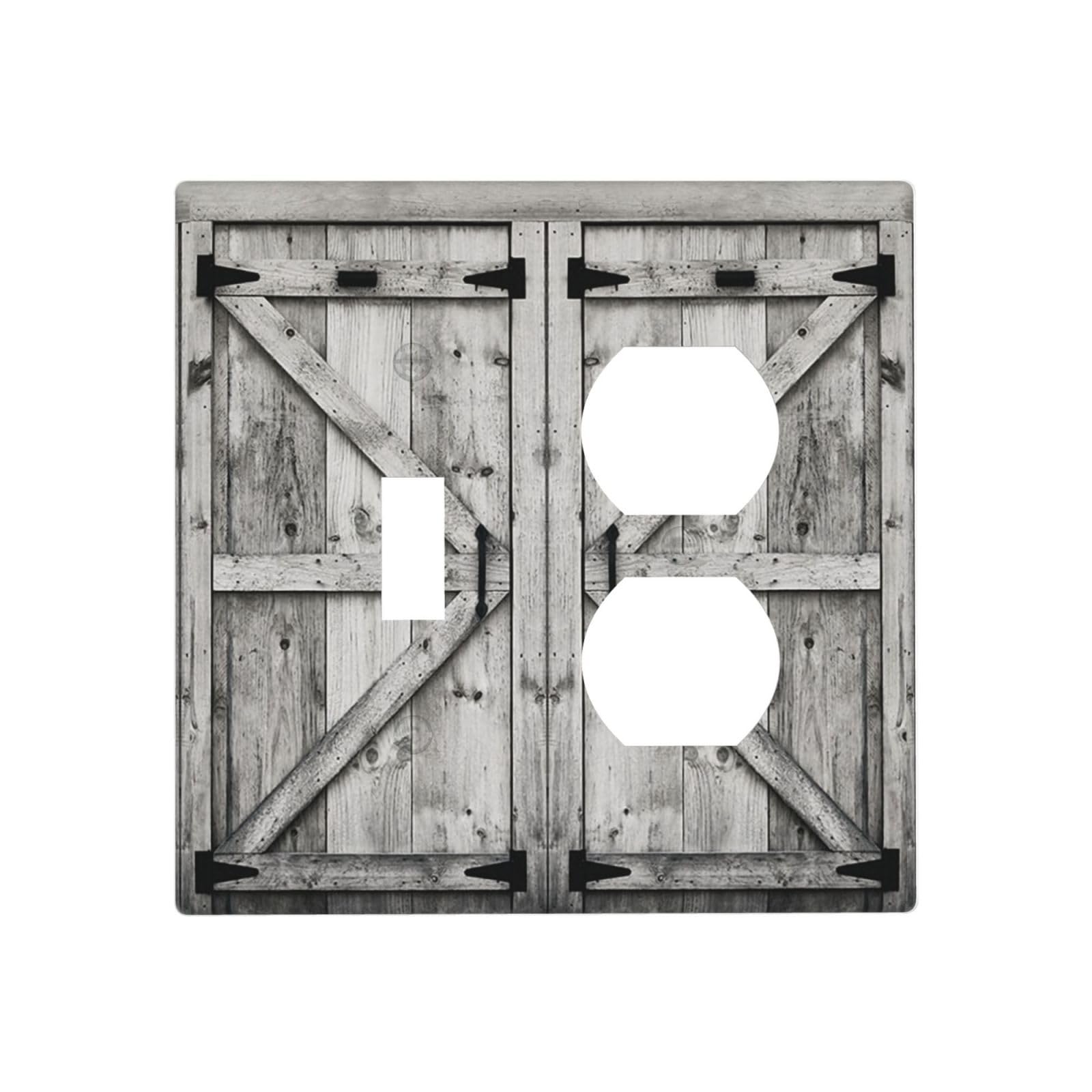 Farm Western Grey Barn Cabin Door 2 Gang 1 Toggle/Duplex Combo Outlet Light Switch Cover Wall Plate Combination Receptacle Faceplate Decorative Switchplate