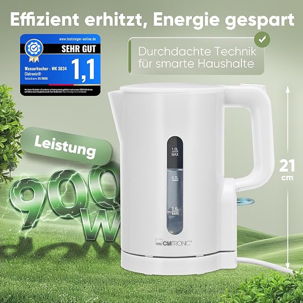 Kettle Clatronic 1L | 900W | BPA Free | One Hand Control | Water Level Indicator | Kettle | Overheat Protection | WK 3834 White - 2