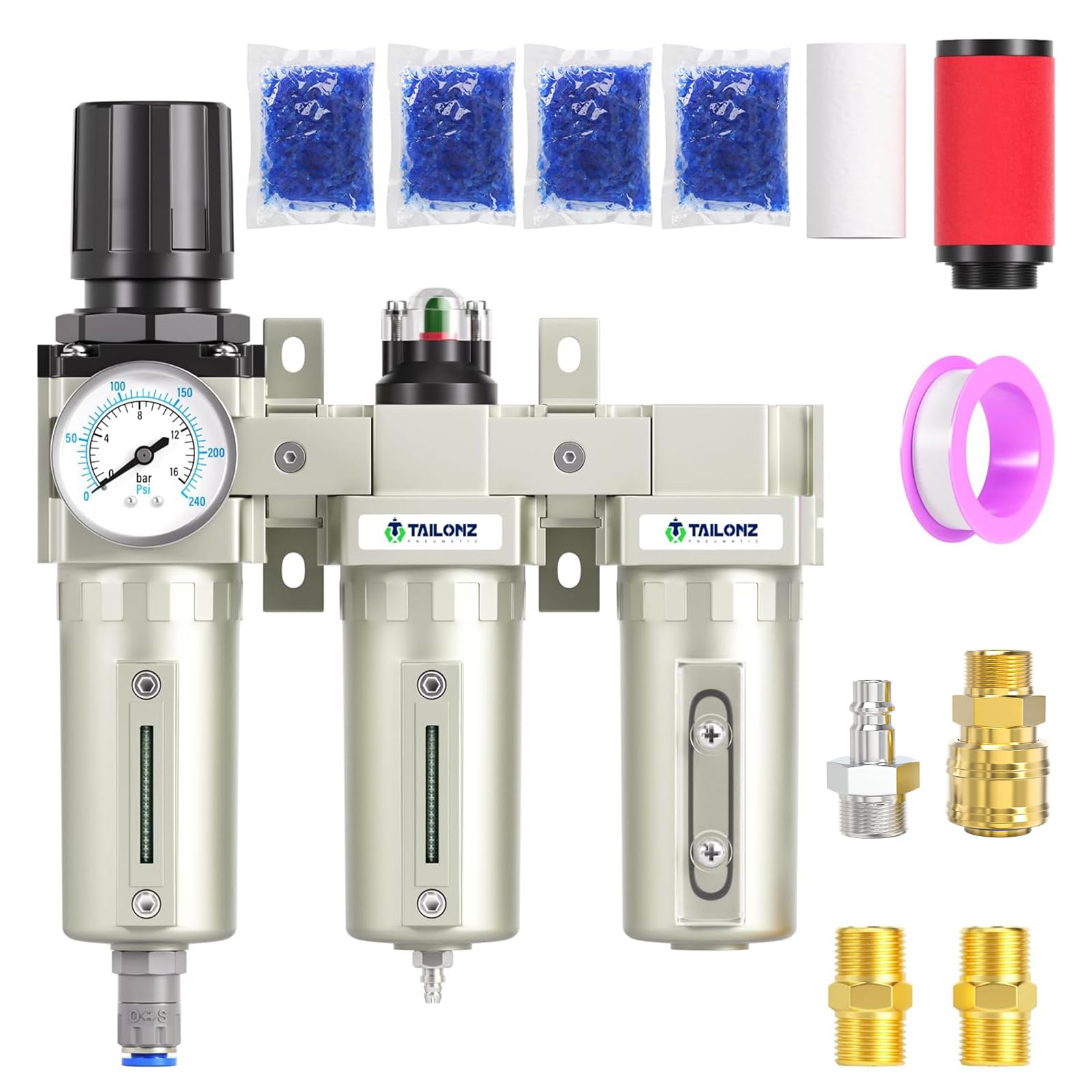 TAILONZ PNEUMATIC 0-1.6MPA 1/2 Inch BSP Industrial Grade Three Stage Air Drying System  Particulate Filter  Coalescing Filter  Desiccant Dryer and Air Regulator (Automatic Drainage)