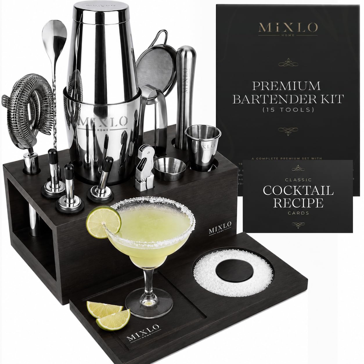 Mixology Bartender Kit -15Pcs Bar Set Cocktail Shaker Set w Black Bar Cart Accessories St…