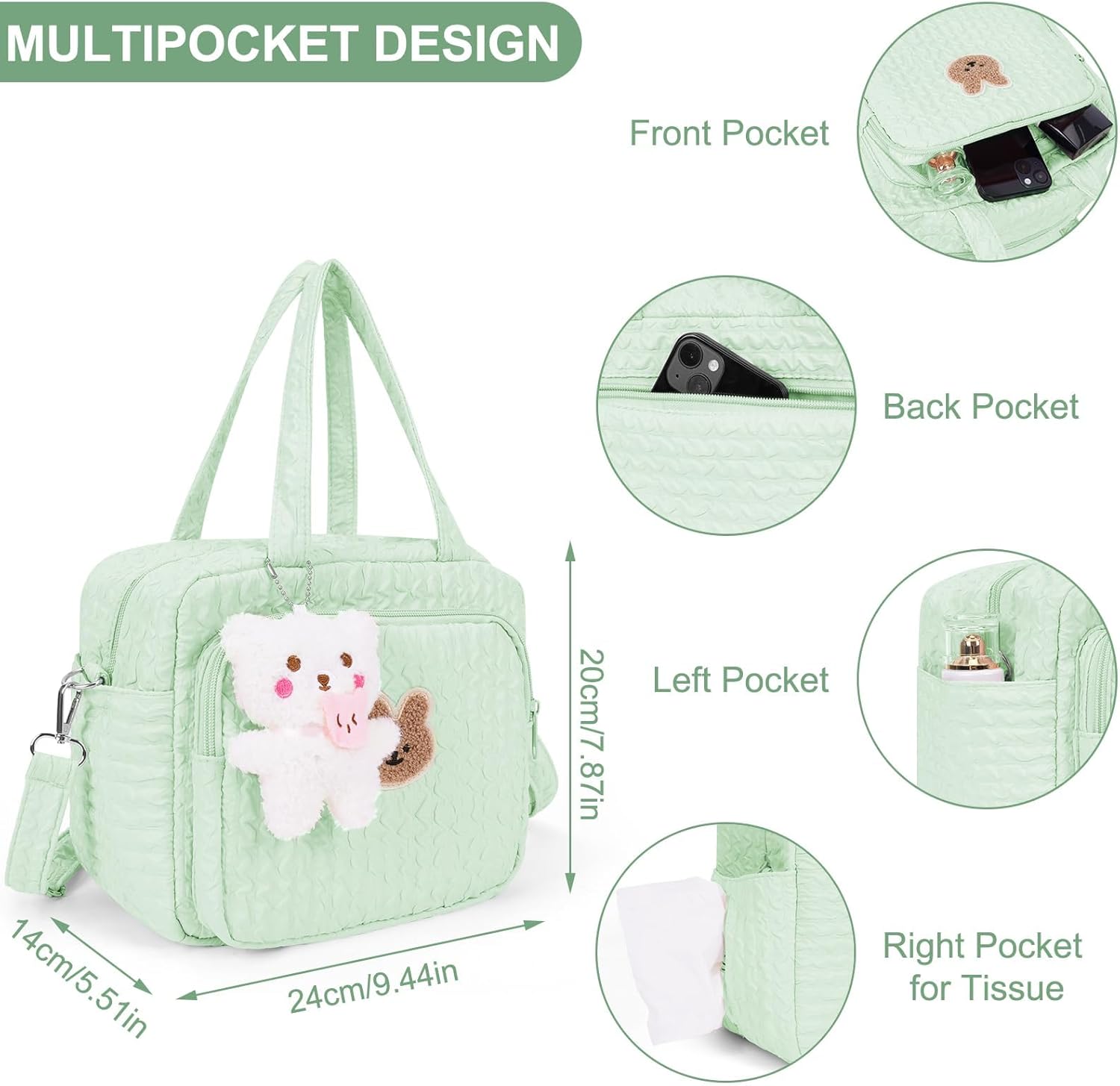 Baby Diaper Bag,Small Diaper Bag Tote Crossbody Diaper Bag Cute Quilted Diaper Bag Baby Travel Shoulder Bag with Strap Green image 6 of 6 B0DMK7DRRT