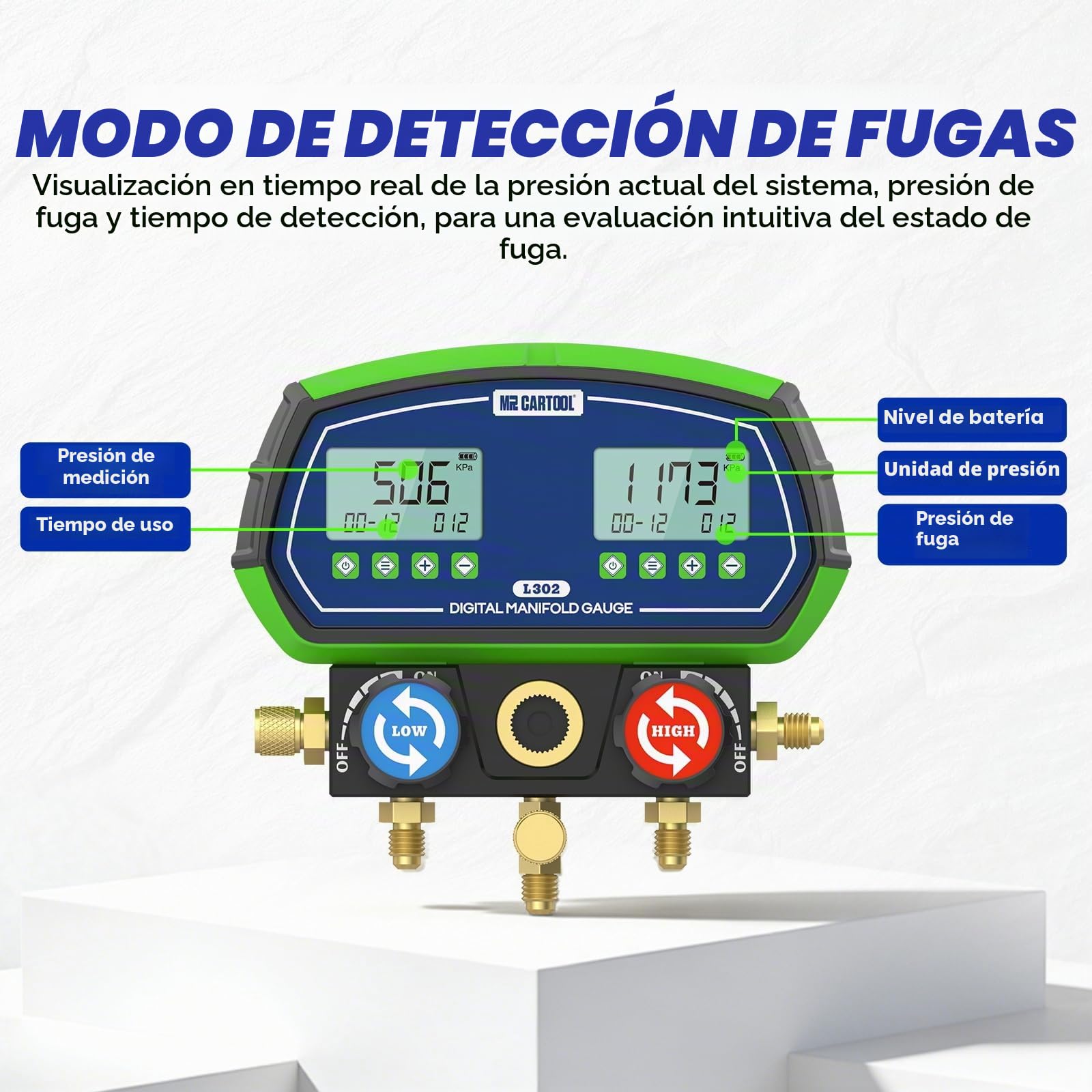 Manómetro digital L302 Colector de refrigerante HVAC de gas Manómetros digitales con 3 tubos 90 Refrigerantes para sistemas de refrigeración R32 R410a