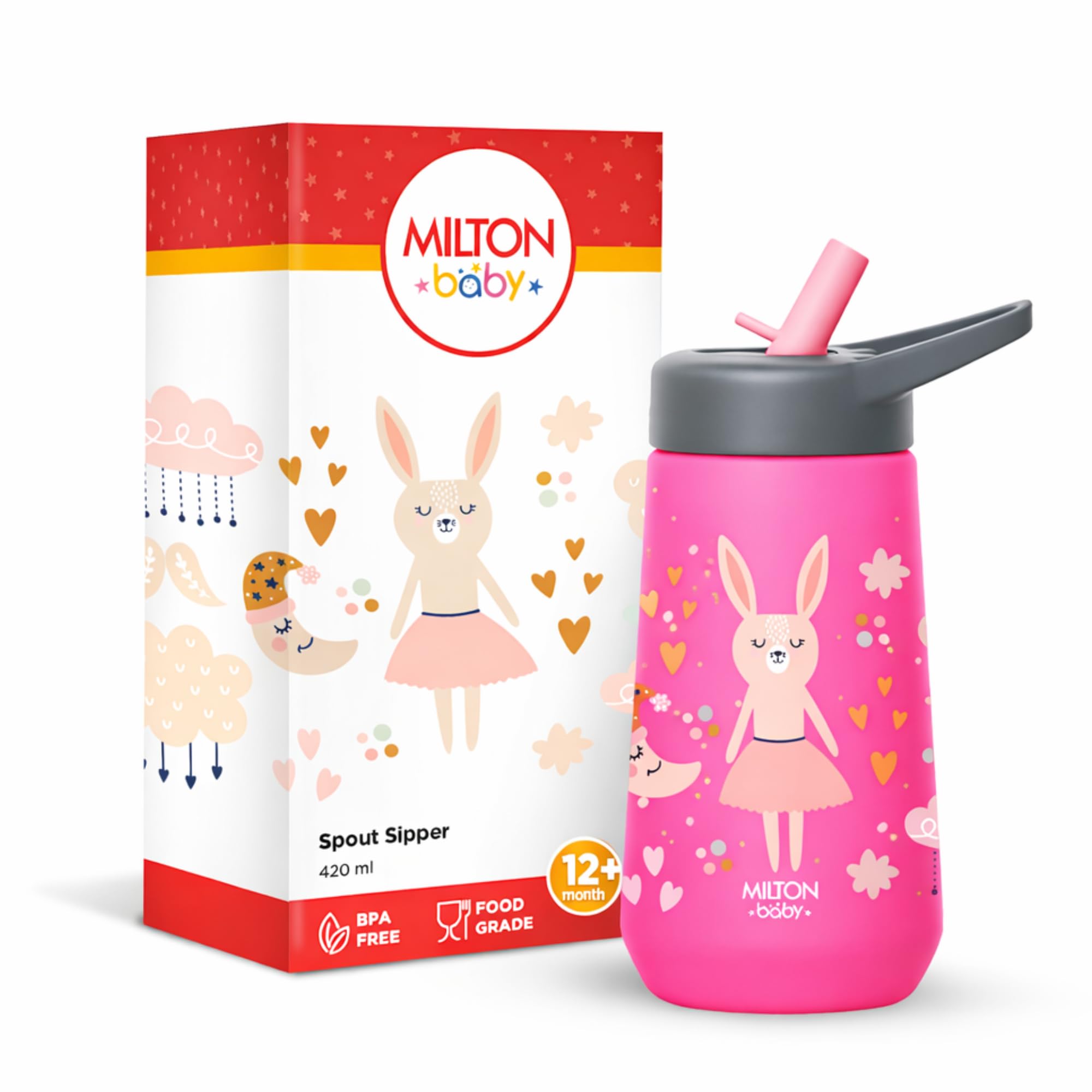 MILTON baby pout Sipper,No-Spill Design,BPA-Free,Food-Grade Material,Microwave-Sterilizer Safe,Easy-Grip,Smooth Open-Close Action,Lightweight,Ideal Sipper Water Bottle for Kids 12+Month, 420 ml,Pink