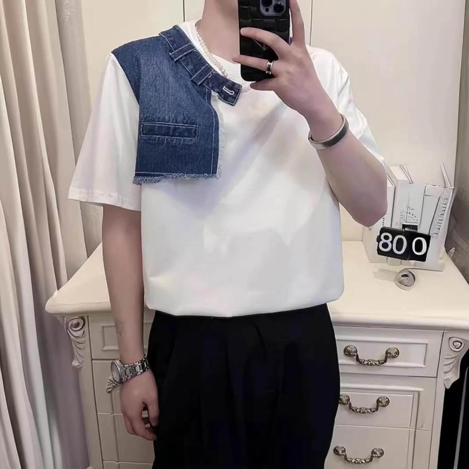 Maglietta Uomo Maglione alla Moda da Uomo A Maniche Corte, Estivo, con Cuciture in Denim, Scollo Rotondo, Morbido E Confortevole, Maglietta Attillata-bianco-3xl