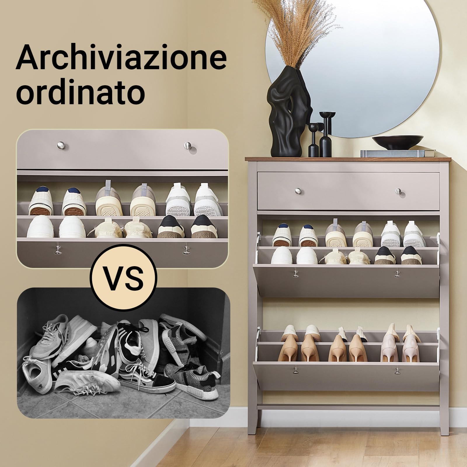 SoBuy Scarpiera Salvaspazio Slim Ingresso - Mobile Scarpiera con Cassetto e 2 Ante a Ribalta per 12 Paia - Design Nordico in Legno, Facile Montaggio, 78x24x108 cm, Marrone Chiaro, FSR89-KA
