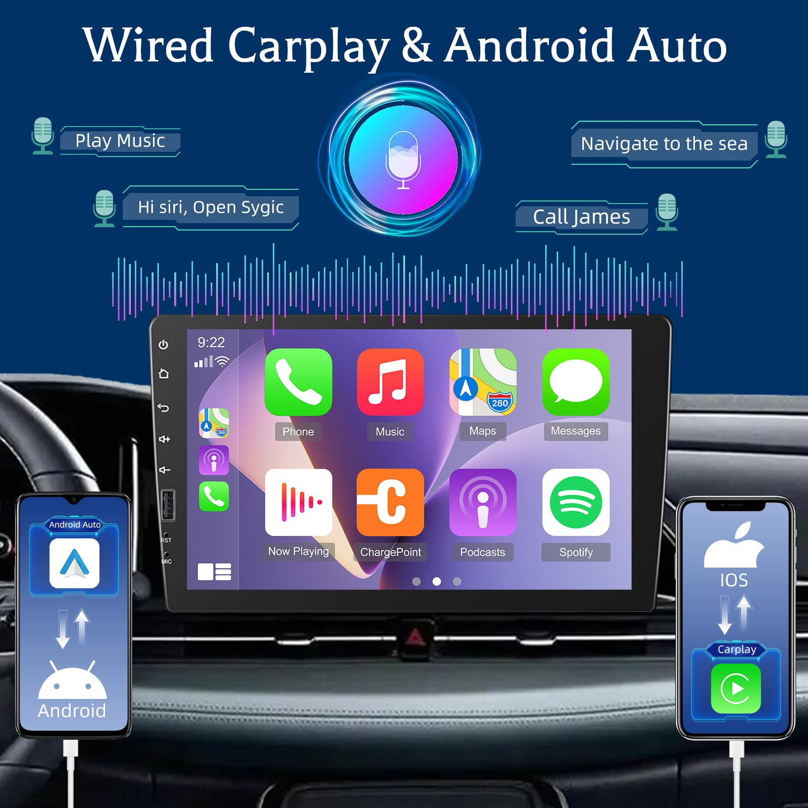 Autorradio 1 DIN con Carplay y Android Auto,Cámara de Marcha Atrás,Radio FM | Radio con Pantalla Táctil de 9 Pulgadas apoyo Micrófono/EQ,/Bluetooth/Radio FM/SWC