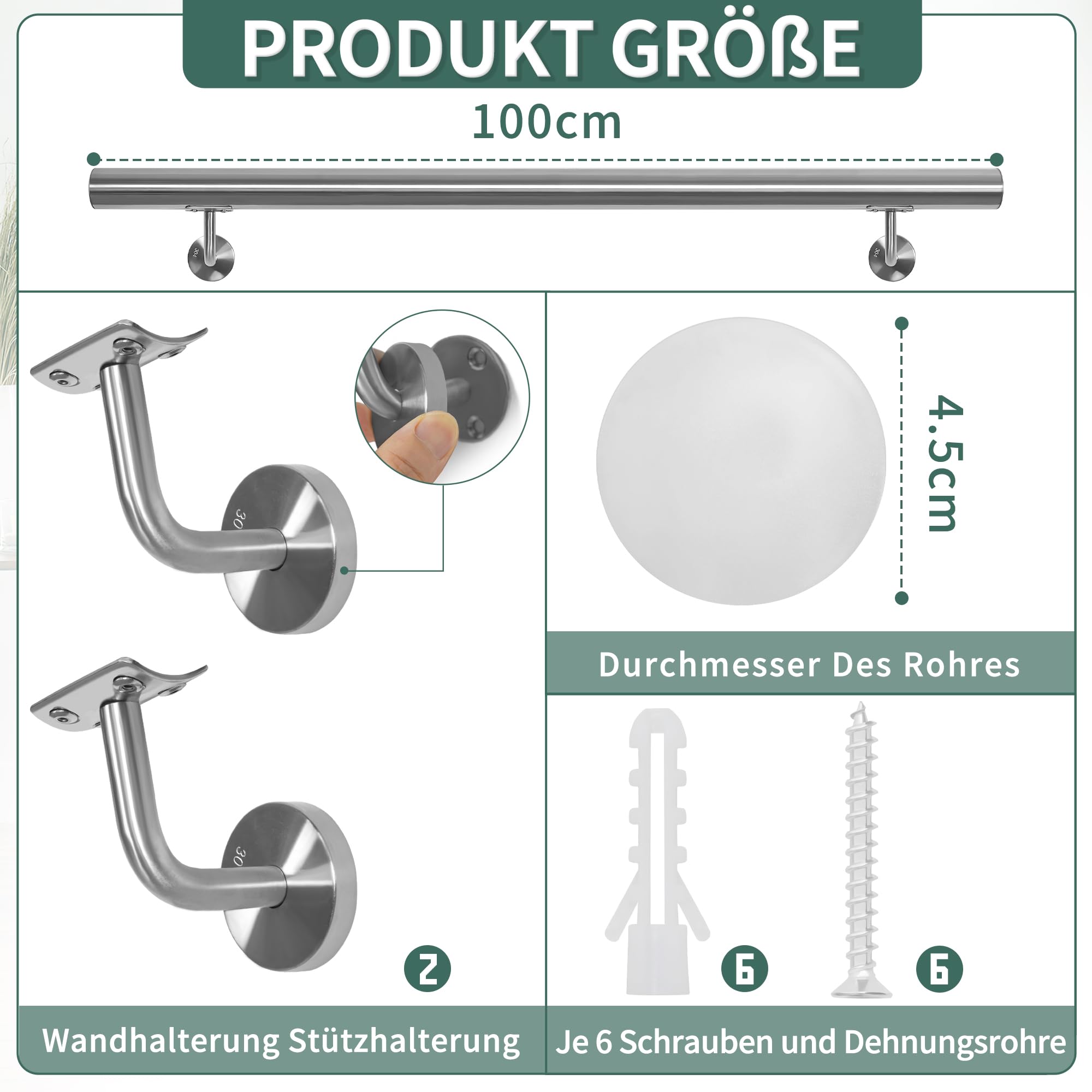 OUUTMEE Handlauf Edelstahl für Treppen 100cm Wandmontiertes Treppengeländer mit Halterungen,rund Ø 42 mm,Innen Außenhandlauf für Dachboden, Veranda, Garage Terrasse