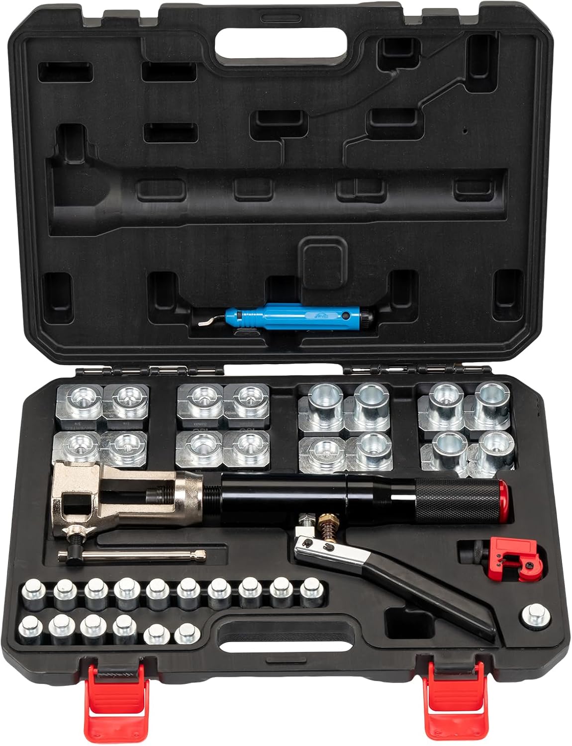 Hydraulic Flaring Tool Kits, 45° Double Flaring Tool,Brake Line Flaring Tool Kit,33pcs Flaring Dies, Brake Repair Brake Flaring Tool for 3/16"-1/2" with Tube Cutter and Deburrer for Copper Line