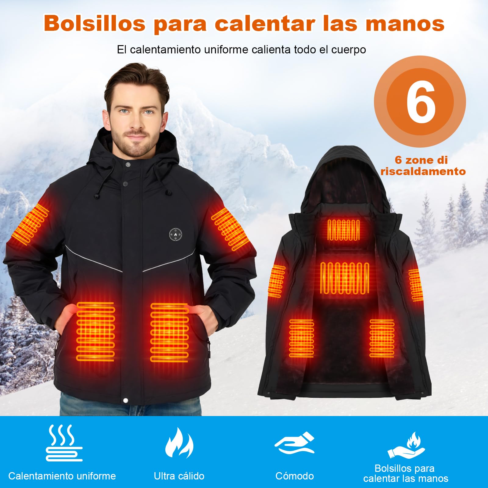 Chaqueta Calefactable Hombre con Forro Polar y Brazalete, Batería 20000mAh 7.4V, 6 Zonas de Calefacción y 3 Niveles de Temperatura, Chaqueta Impermeable e Impermeable de Invierno para Esquí