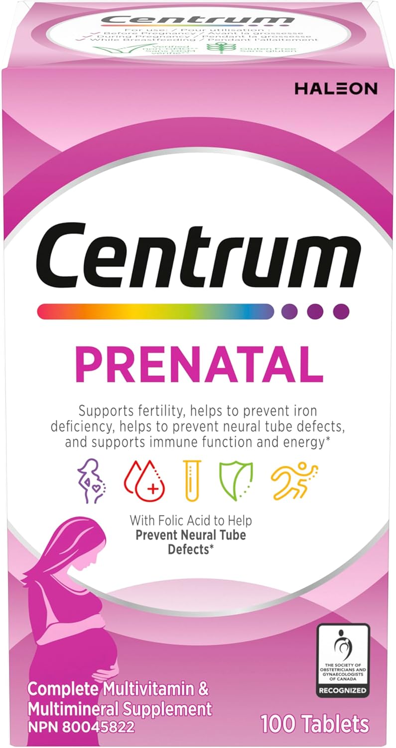 Centrum Prenatal Vitamin Tablet, Postpartum Multivitamin and Mineral Supplement, Essential Prenatal Vitamins, 100 Count (Packaging May Vary)