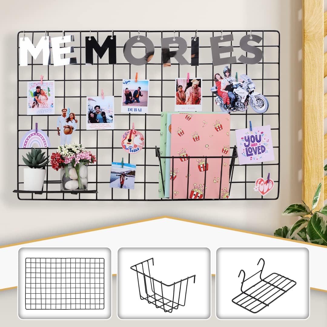 Steel Photo Collage Grid DIY Mesh Frame, Storage Organiser Basket and Display Tray | Metal Hanging Aesthetic Moments Photo Wall Decor Art Kit (Grid Frame, Basket and Tray)