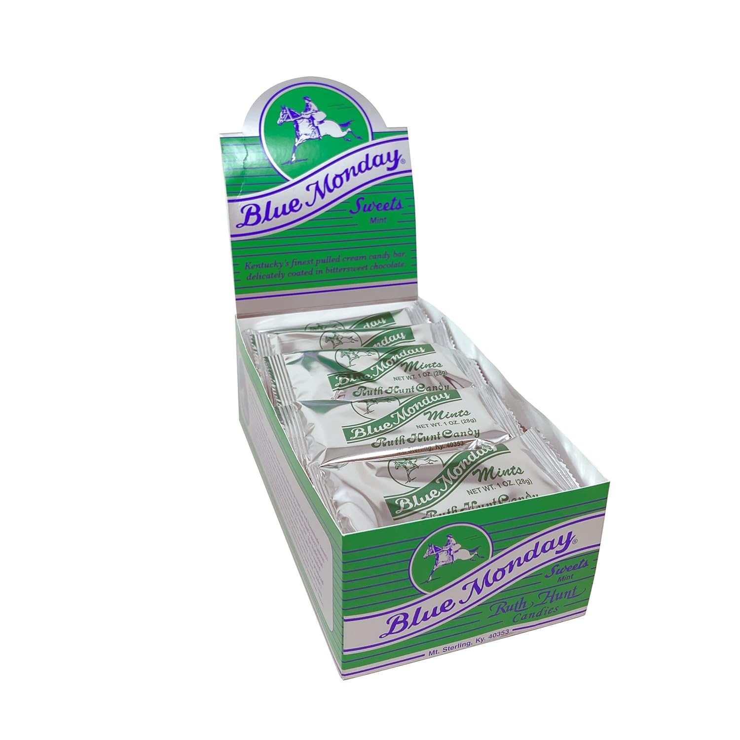 Blue Monday Pulled Cream Candy Dark Chocolate Bars - Box of 24 Mint Flavor