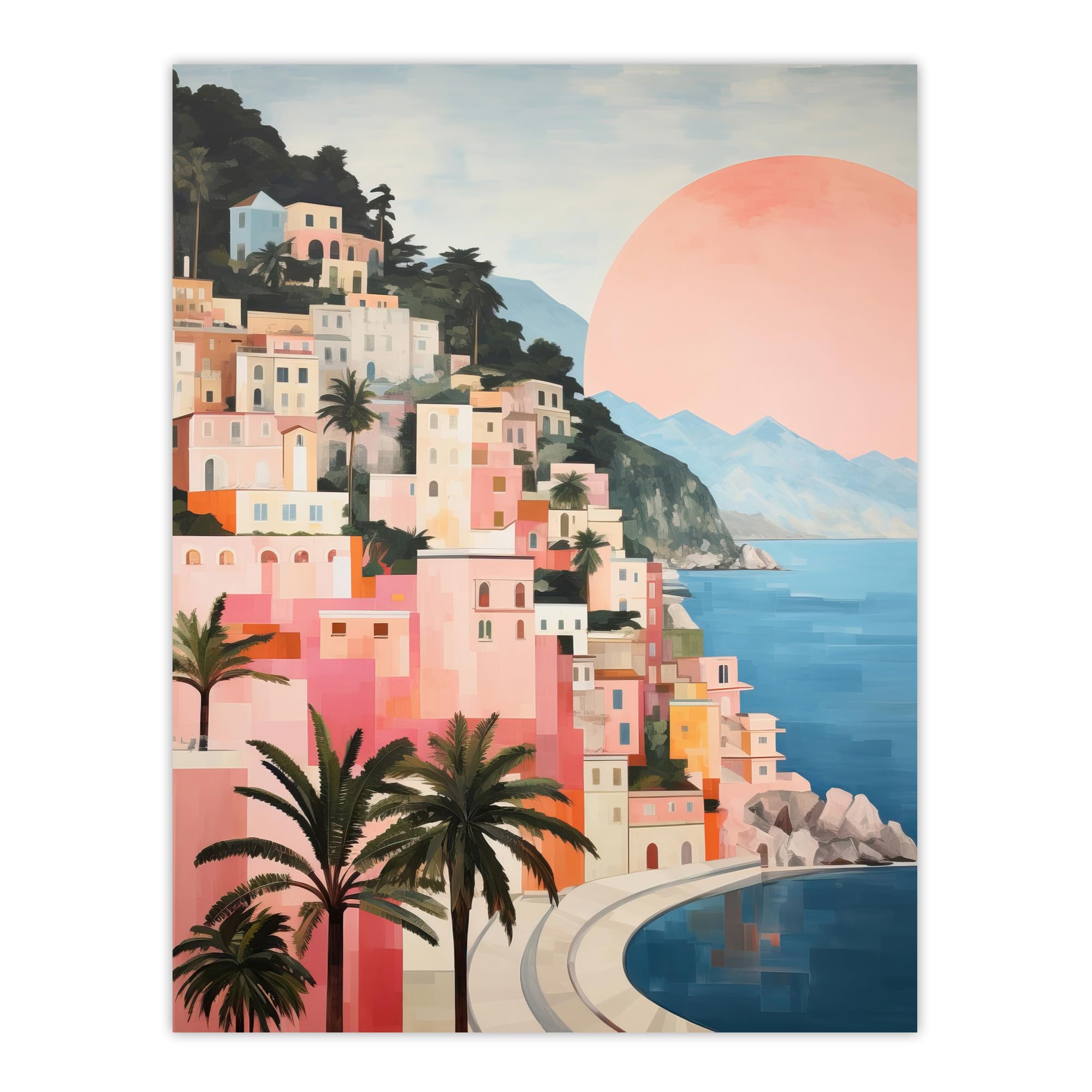 Wee Blue Coo Unframed 18X24" Amalfi Sunrise Mediterranean Urban Landscape Oil Painting Pink Blue Green Coastal Cityscape Large Wall Art Poster Print Thick Paper 18X24 Inch