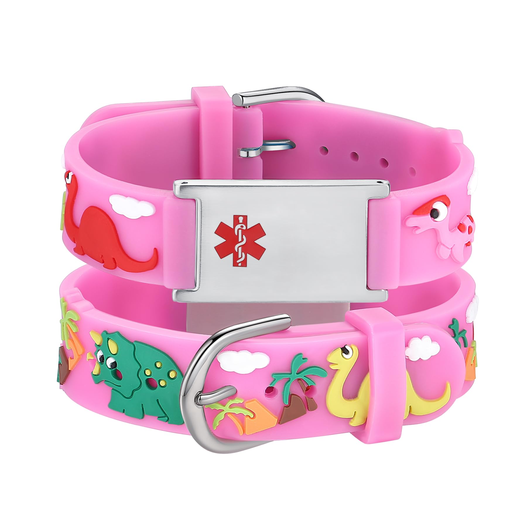 LinnaLove Medical Alert ID Bracelet – Custom or Pre-Engraved, QR Code Available,Blue Dinosaur Band