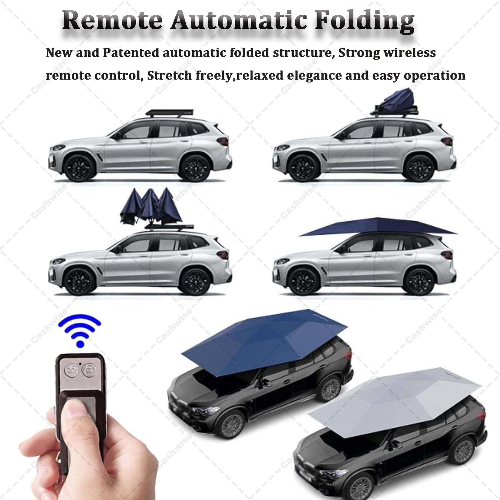 Copertura per tenda automatica per auto, telecomando per auto, impermeabile, in tessuto Oxford, ombrello per esterni, riparo pieghevole antifurto, blu 5,2 m