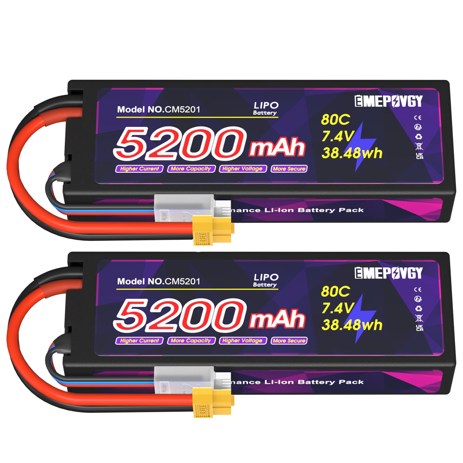 Batteria Lipo da 7,4 V 2S 5200 mAh 80C Lipos custodia rigida con connettore XT60 per auto RC camion 1/8 1/10 RC veicoli (2 confezioni)