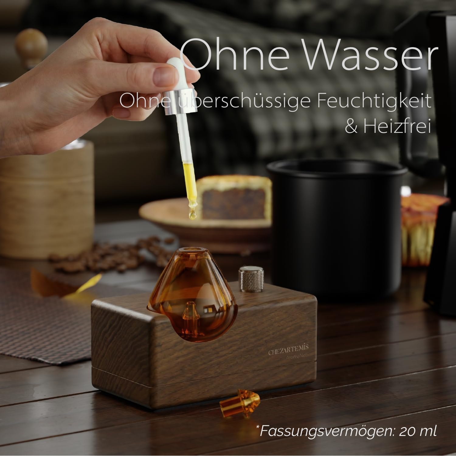 Amber Glas-Diffusor mit Naturholz-Sockel für Aromatherapie, Tragbarer Wasserloser Aroma Diffusor für Zuhause & Reise, Kabelloser Wiederaufladbarer Duftvernebler mit Timer & 4 Modi, Geschenkfertig