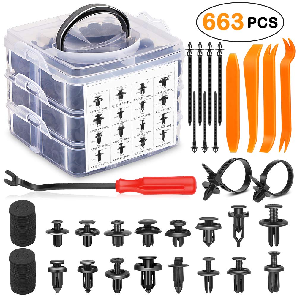 Electop 663Pcs Auto Clips Plastic Push Type Pin Rivets Fasteners Kit, 16 Sizes Car Body Door Bumper Fender Screw Clip Replacement Auto Trim Panel Removal Tools for Toyota Ford Honda GM Acura Chrysler