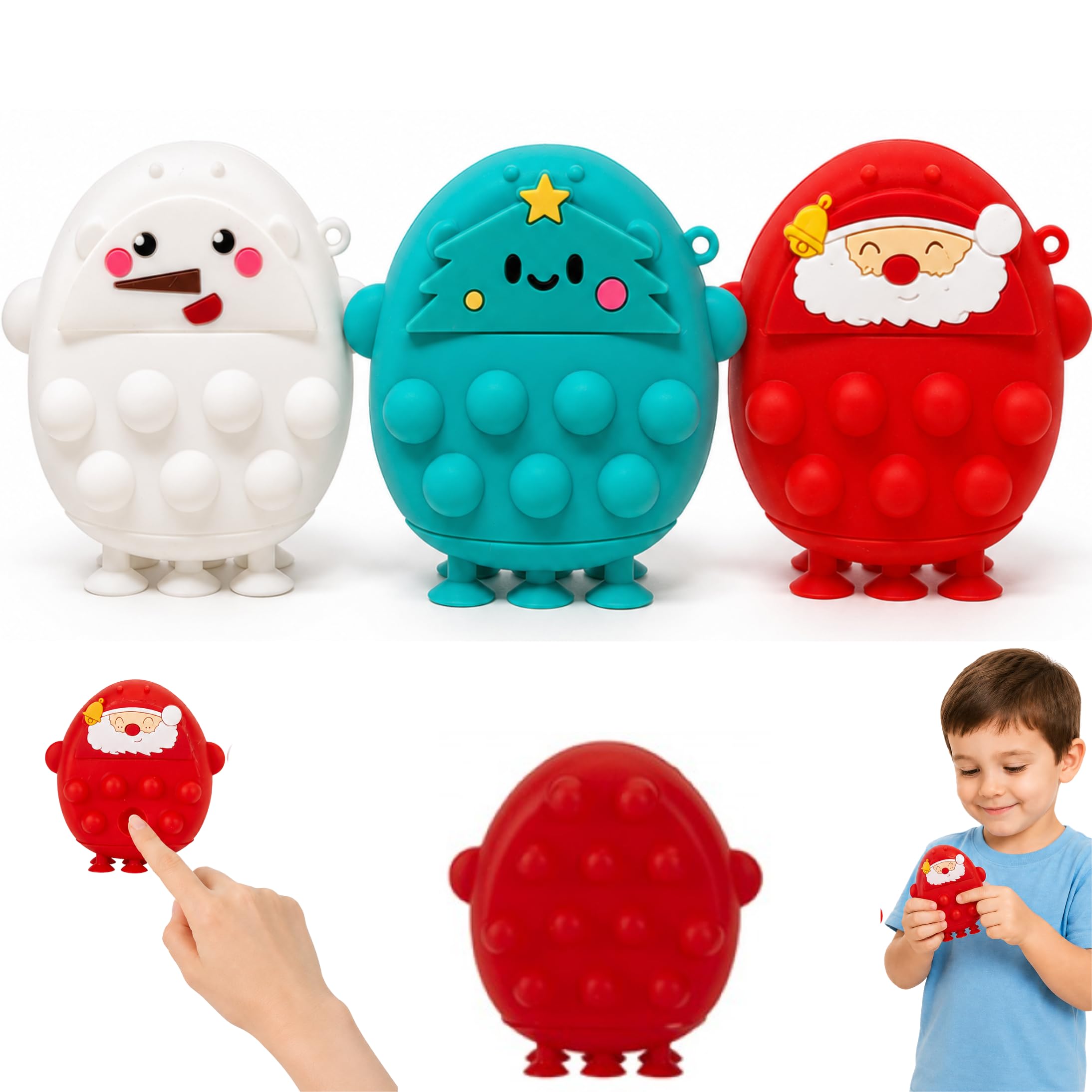 3x Christmas Pop It Bubble Character Fidget Toys Santa Snowman Tree, 8cm Silicone Sensory Popper Toys with Suction Cup Feet, Stocking Fillers Party Bag Gifts for Kids 3+ — image 1