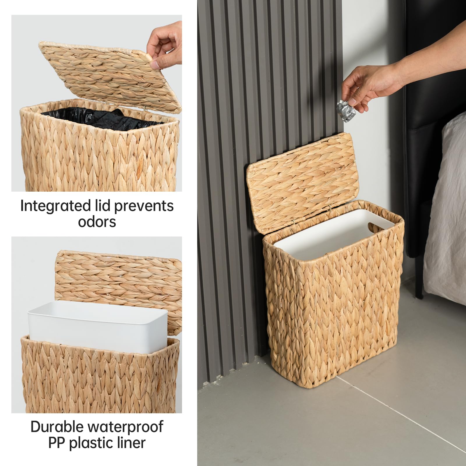 Coeusy 3 Gallon Wicker Trash Can,Small Bathroom Trash Can with Lid,Natural Water Hyacinth Wicker Waste Basket for Bedroom,Toilet,Narrow Garbage Can with Removable Liner