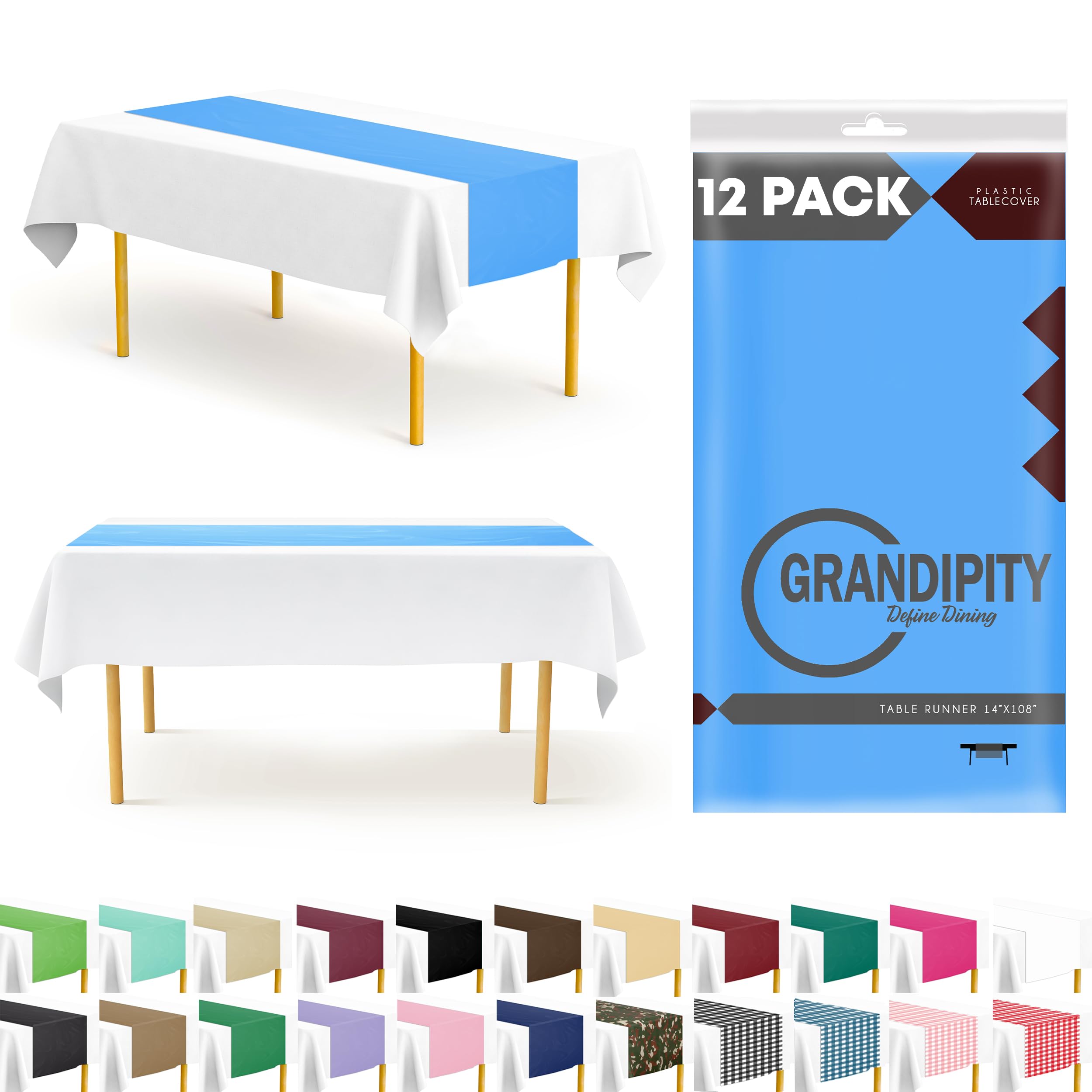 Sky Blue 12 Pack Premium Disposable Plastic Table Runner 14 x 108 Inch. Table Runner for Dinner Parties & Events by Grandipity