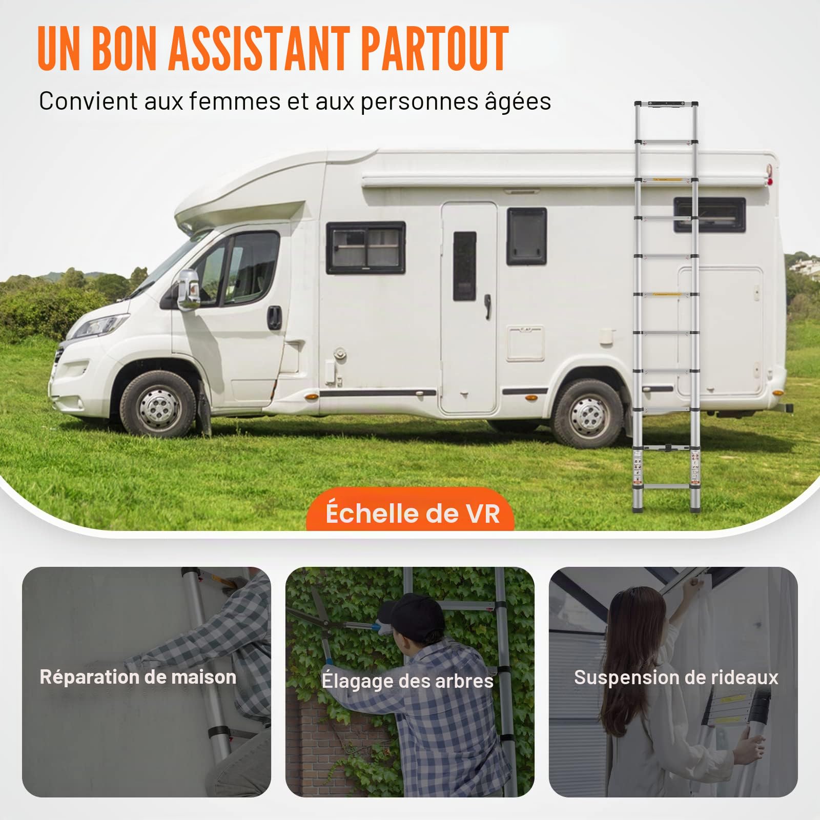 VEVOR Échelle Télescopique Aluminium 3,2 m Escabeau Extensible Capacité 170 kg avec Pieds Antidérapants Échelle Compacte Portable Polyvalente Rétraction à Un Bouton pour Réparation Maison Camping-Car